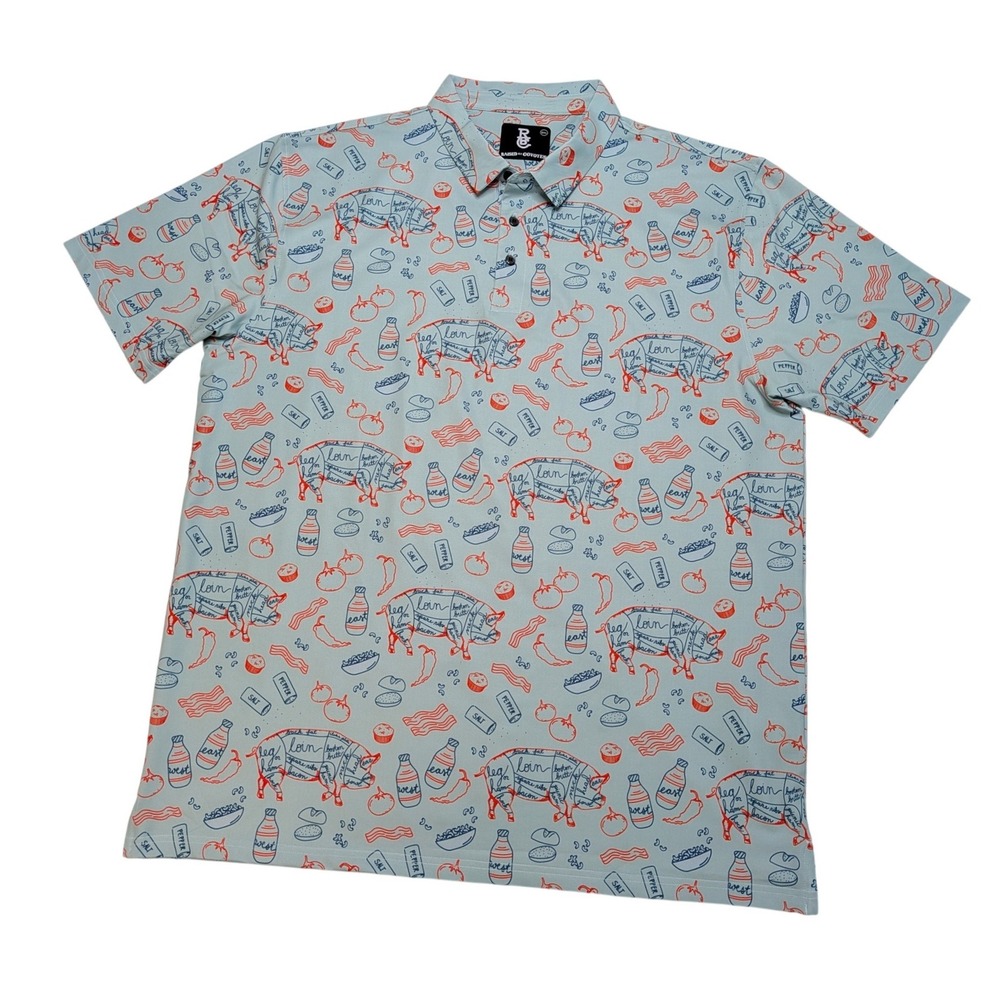 Raised by Coyotes Pig Butcher BBQ Polo Mens 2XL Blue Stretch Golf Shirt